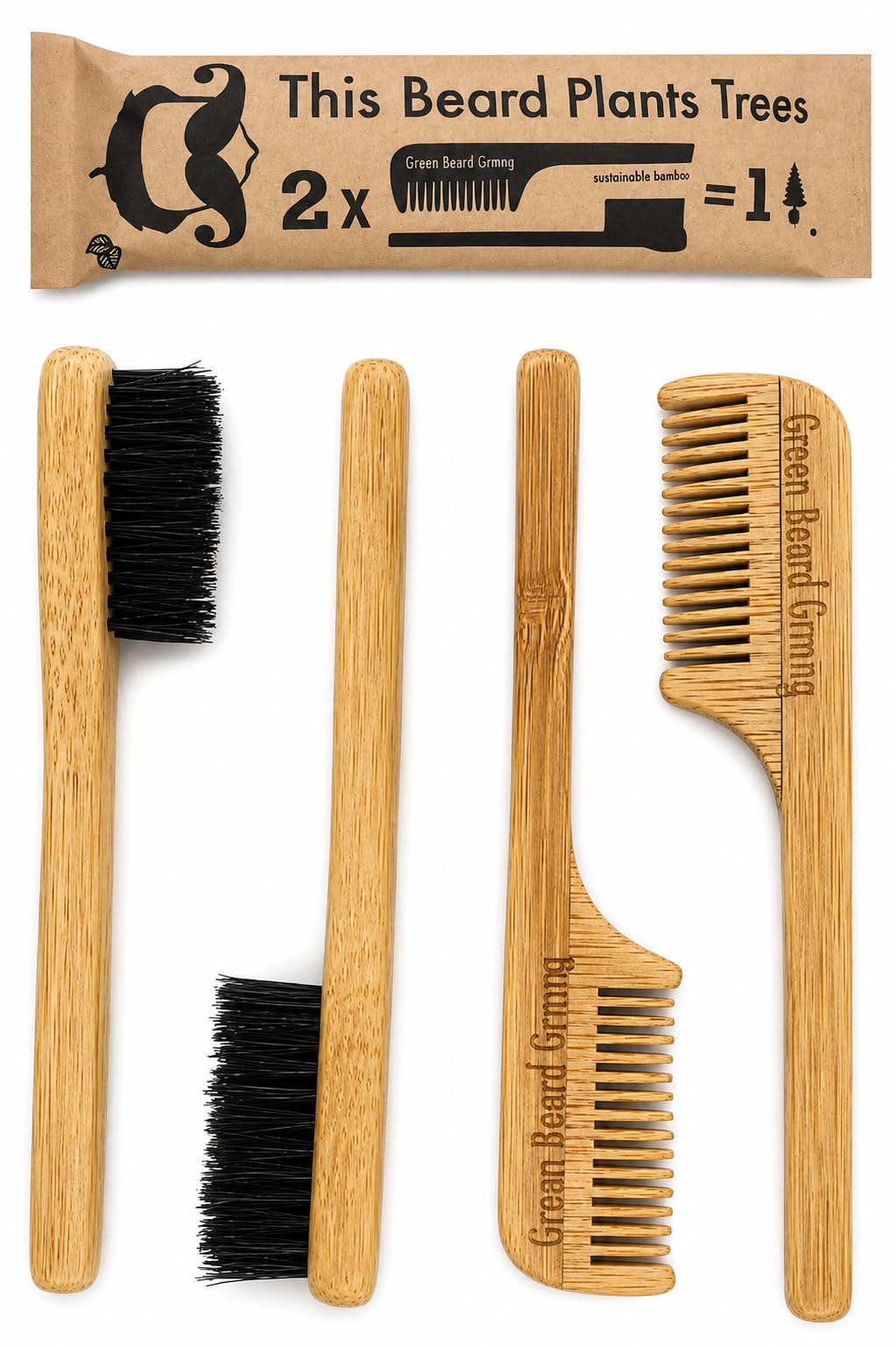 Sapling Grove Mustache Brush & Comb Set – 4 Piece