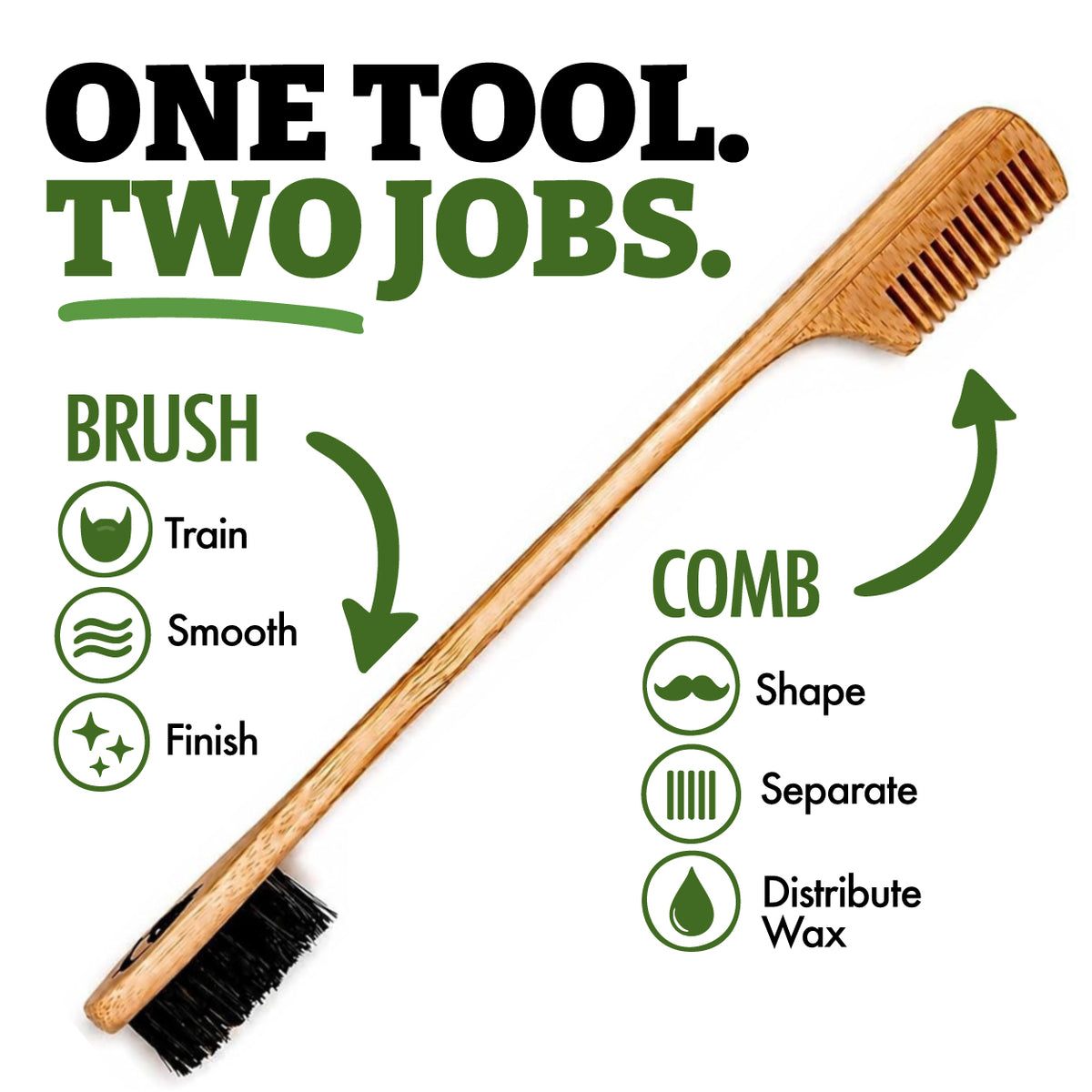 One Tool. Two Jobs. Mustache Brush (Train, Smooth, Finish) and Mustache Comb (Shape, Separate, Distribute Wax)